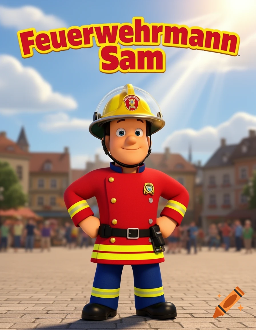 A smiling cartoon firefighter character, Feuerwehrmann Sam, stands with hands on hips in a town square under a bright sky.