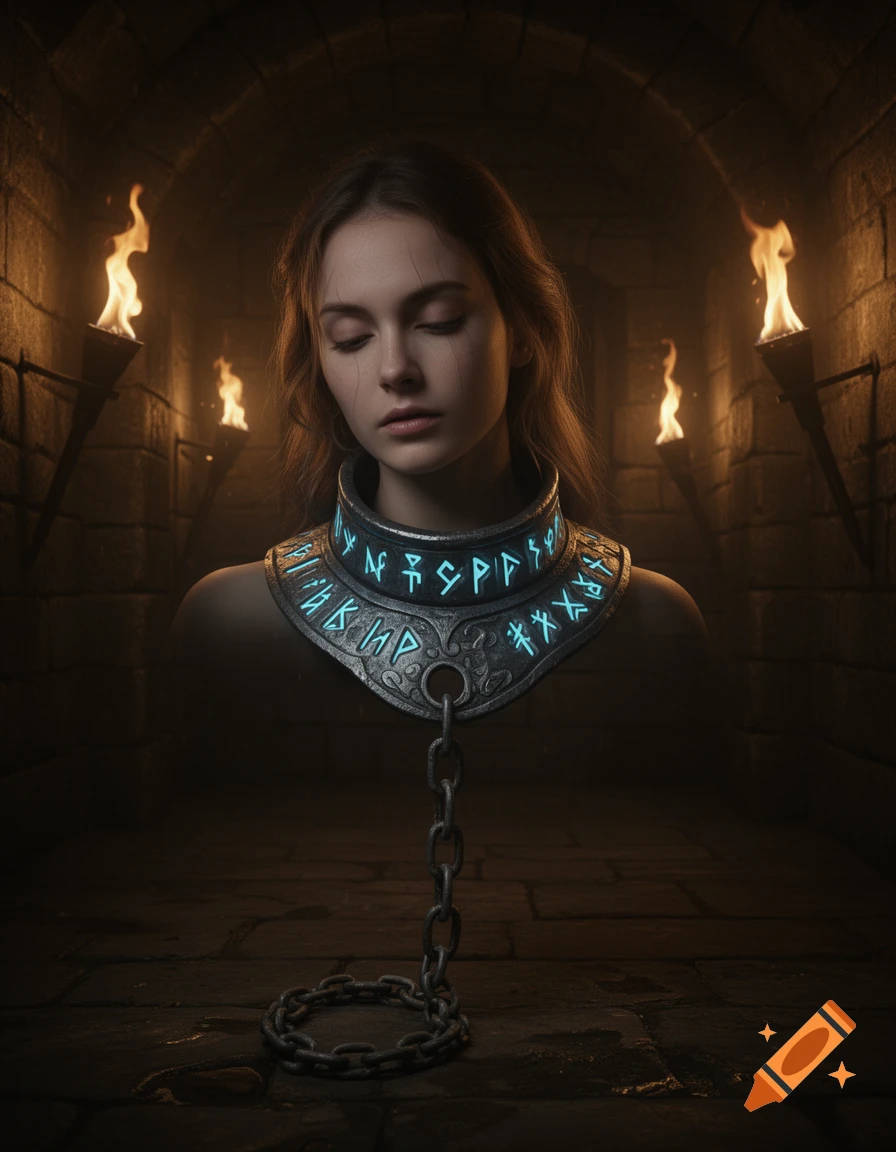 A solemn woman with closed eyes wears a glowing runic metal collar with an attached chain in a dimly lit dungeon with torches.