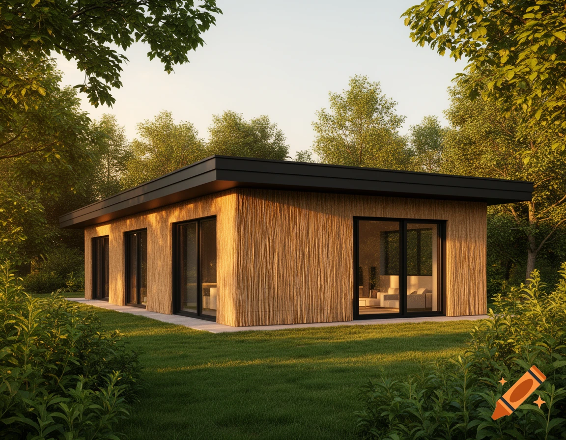 A hyperrealistic modern chalet with vertical reed thatch siding, large black-framed windows, and a black roof, set in a lush green landscape during golden hour.