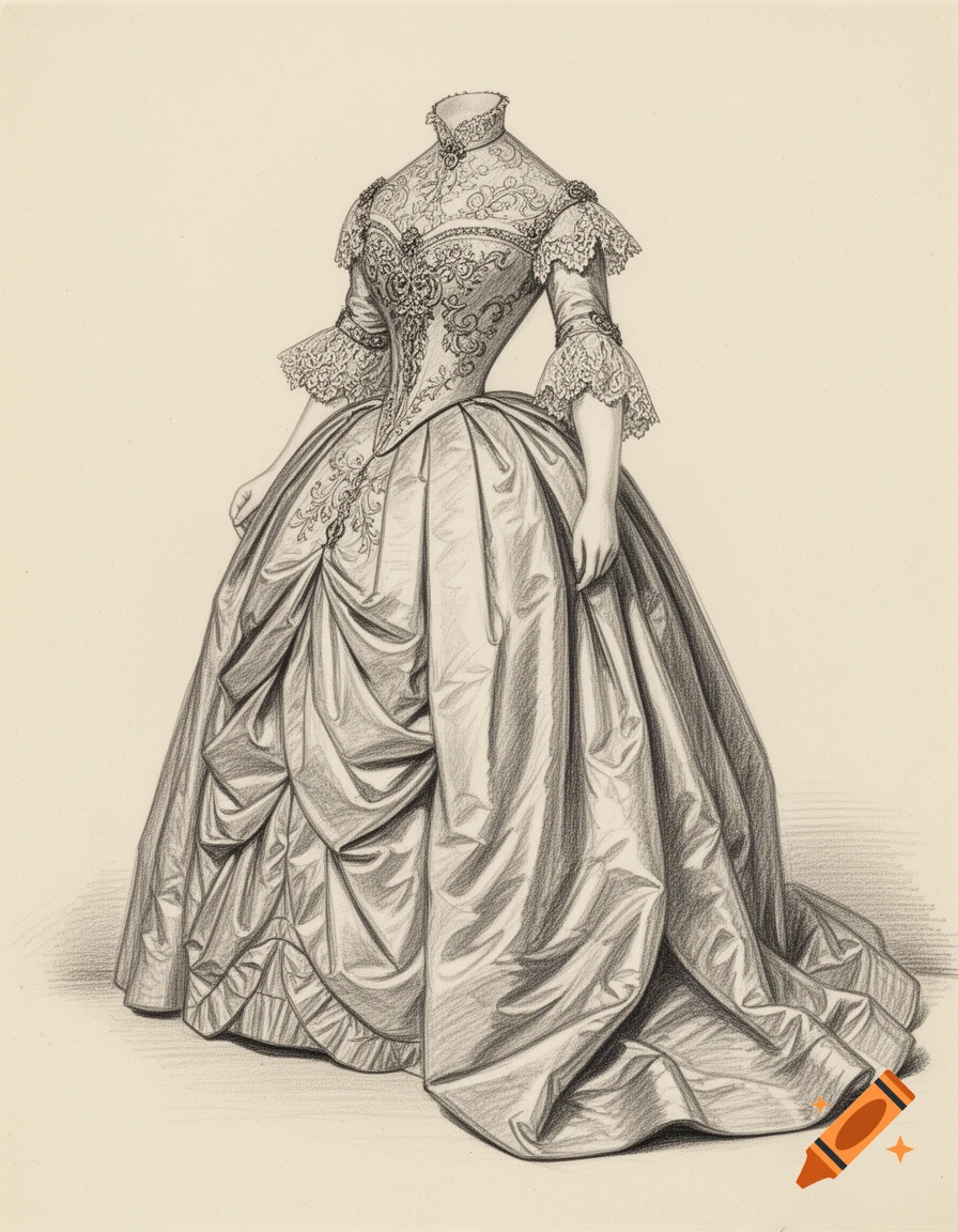 A detailed grayscale sketch of a Victorian dress with intricate lace and voluminous, draped fabric.