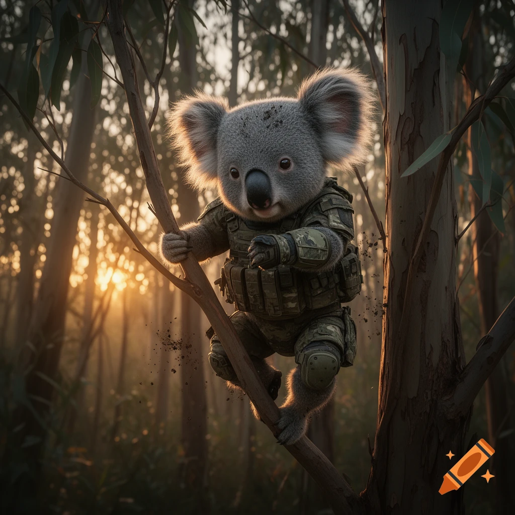 A photorealistic koala wearing camouflage combat gear climbs a tree branch in a sunlit forest.
