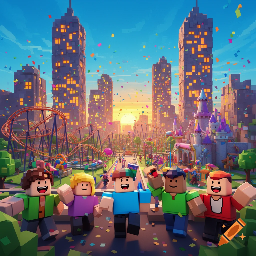 Five smiling Roblox-style block characters in a vibrant, pixelated city with roller coasters and confetti.