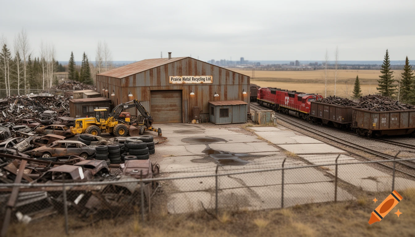 A photorealistic model railway diorama depicts a metal recycling plant and junkyard next to Canadian Pacific train tracks, under an overcast sky.