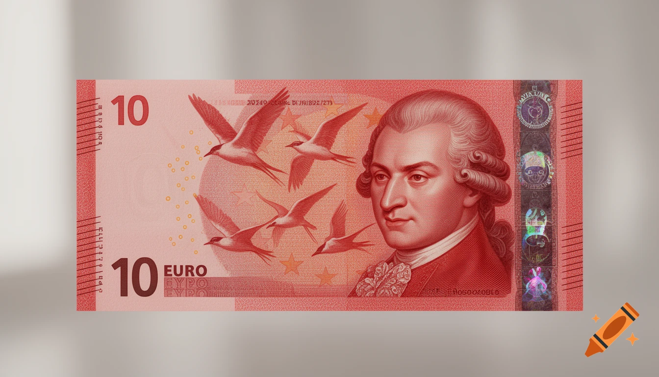 A red 10 Euro banknote featuring a portrait of a man in a wig, flying birds, and security features.