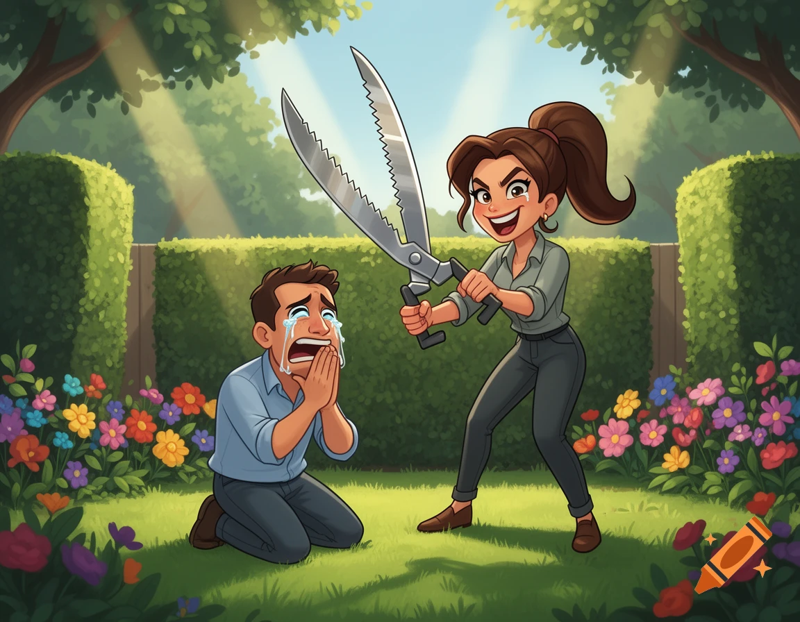 A cartoon brunette woman grins, holding giant hedge shears over a kneeling, crying man in a bright garden.