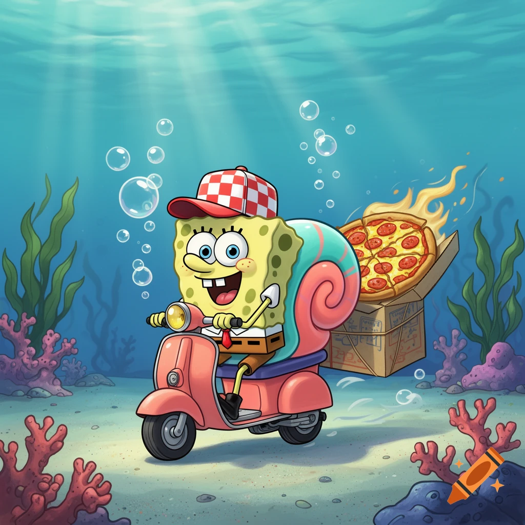 SpongeBob SquarePants with Gary's shell, wearing a checkered hat, rides a pink scooter delivering a flaming pizza underwater.