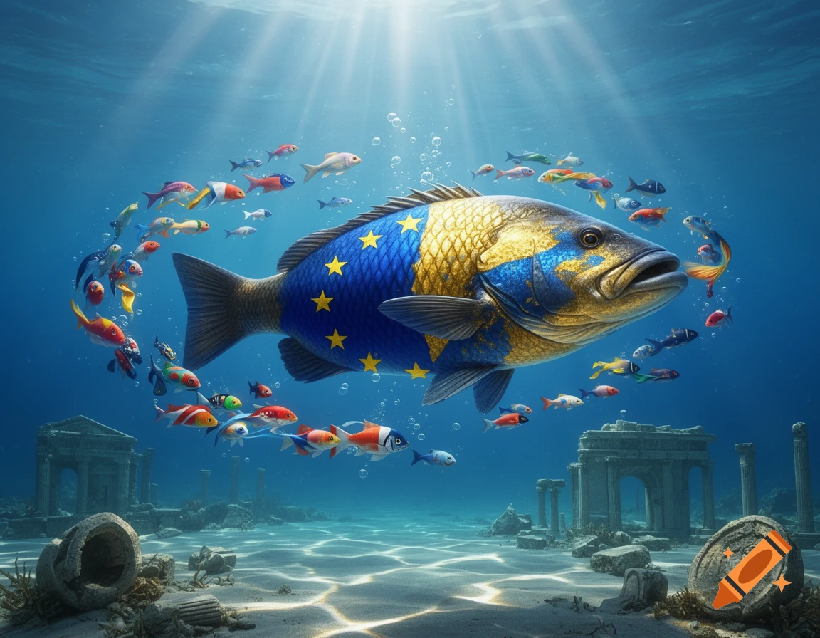 A large fish patterned with the EU flag swims underwater, surrounded by smaller colorful fish, with ancient ruins on the seafloor and sun rays shining from above.