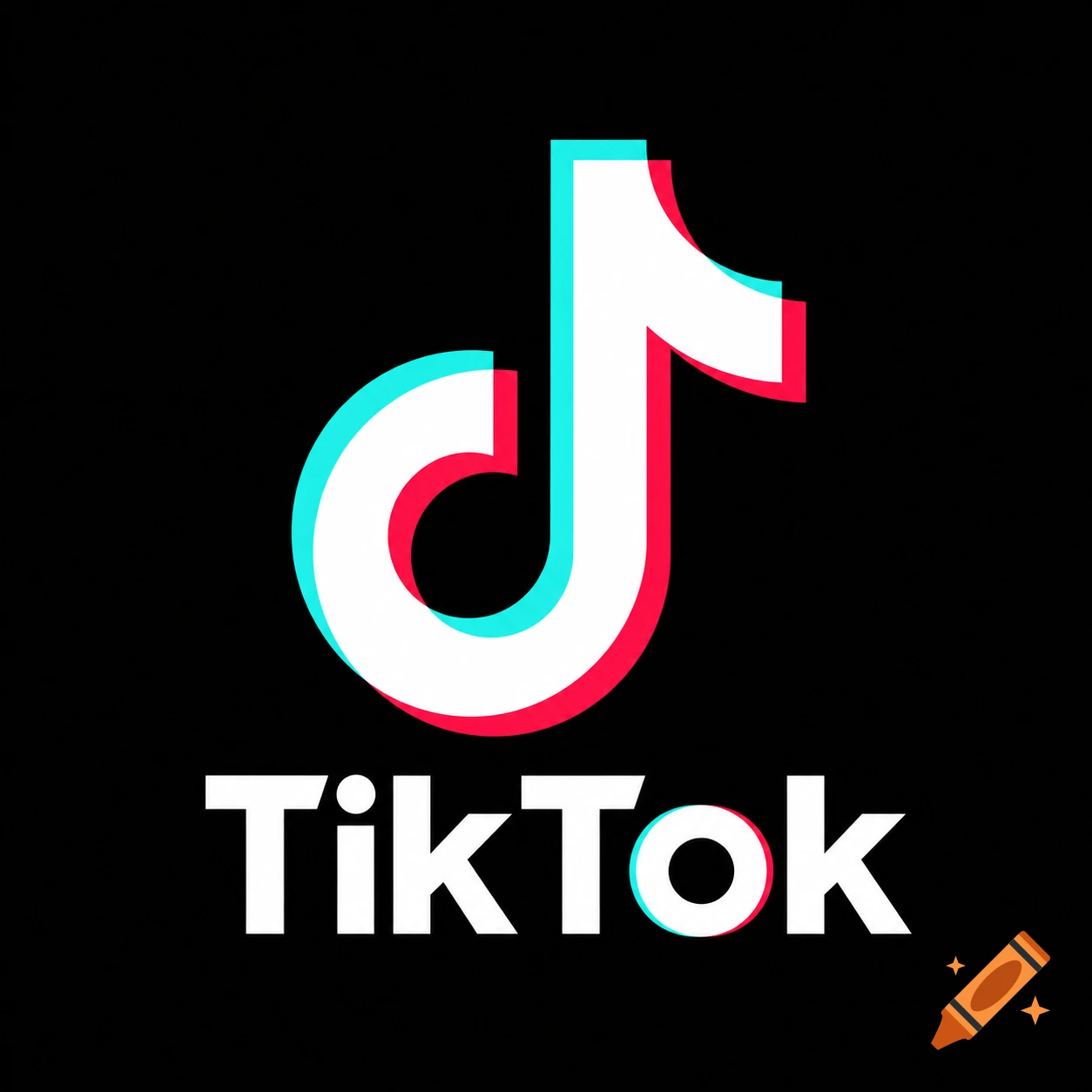 TikTok logo with a white musical note symbol and text, outlined in red and cyan on a black background.