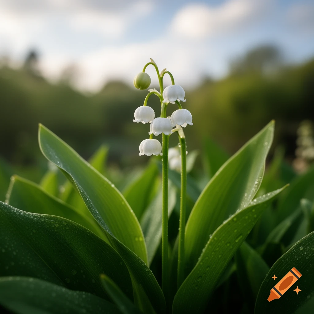 Close-up of white lily of the valley flowers with green leaves and dewdrops against a soft green and blue background.