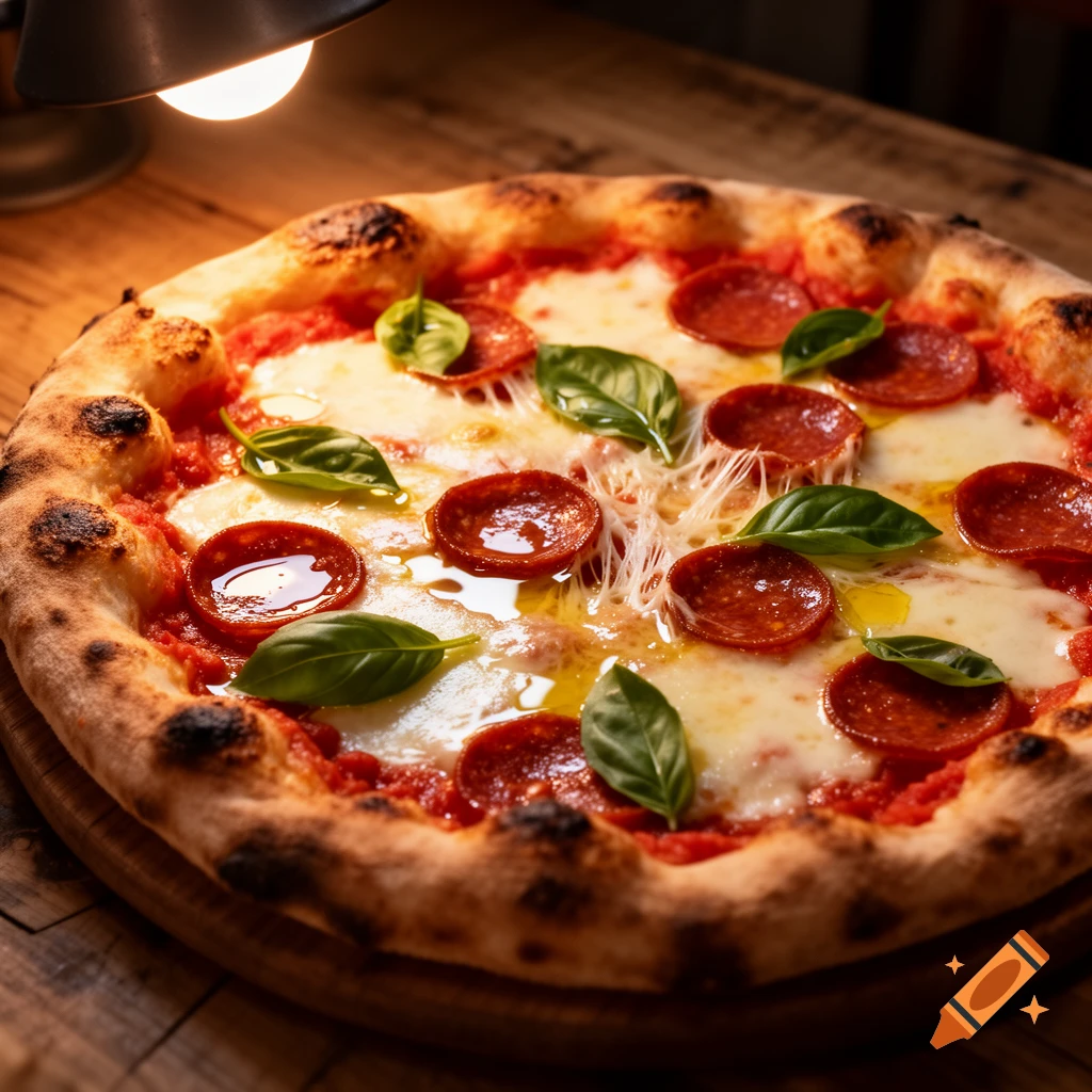 Close-up photorealistic image of a freshly baked pepperoni pizza with melted mozzarella cheese and fresh basil under warm light.