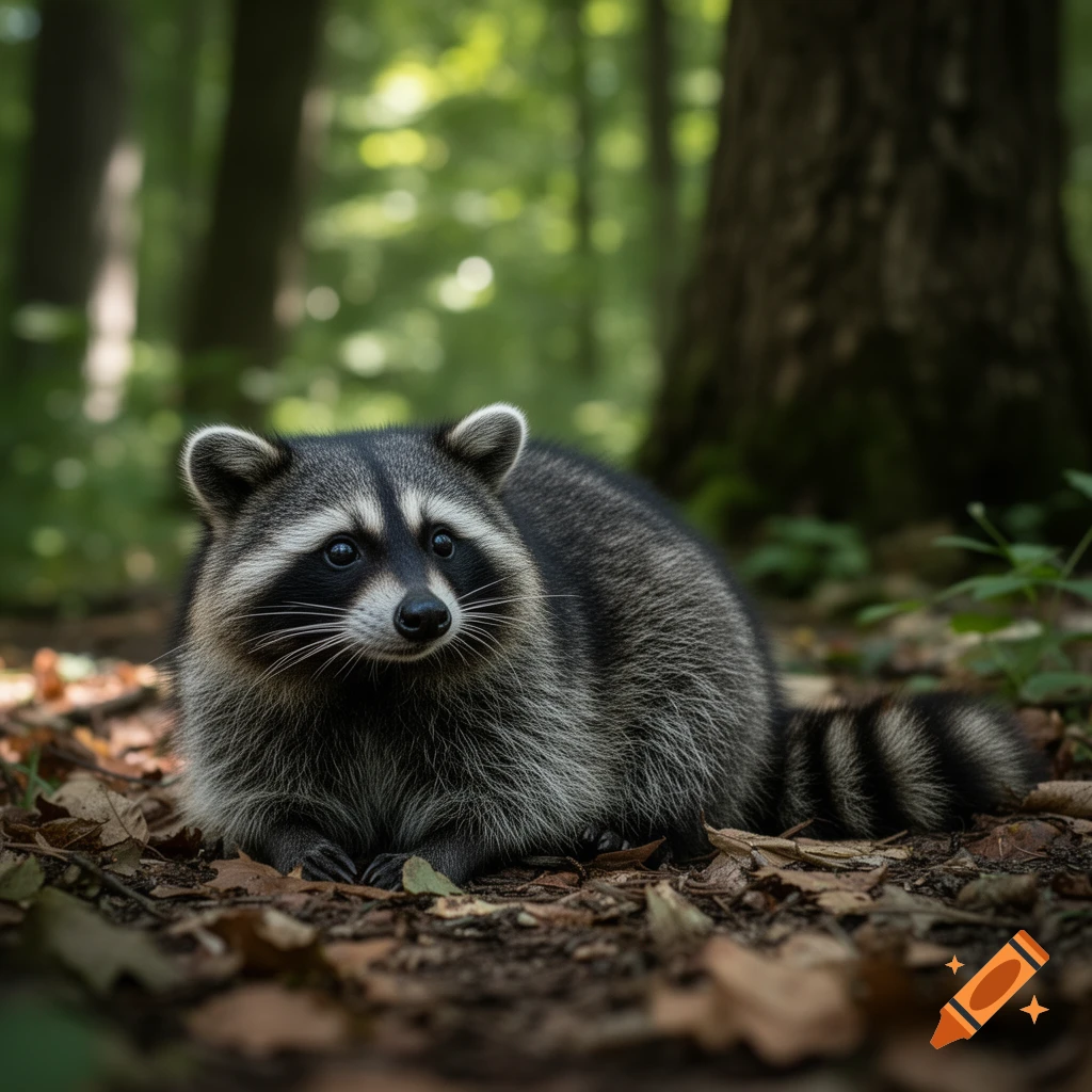 A photorealistic raccoon, with a black mask and striped tail, sits on a bed of leaves and dirt in a lush green forest.