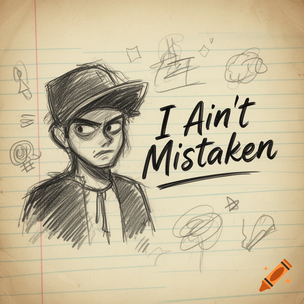 A sketch of a stern person in a cap on lined notebook paper, with 'I Ain't Mistaken' text.