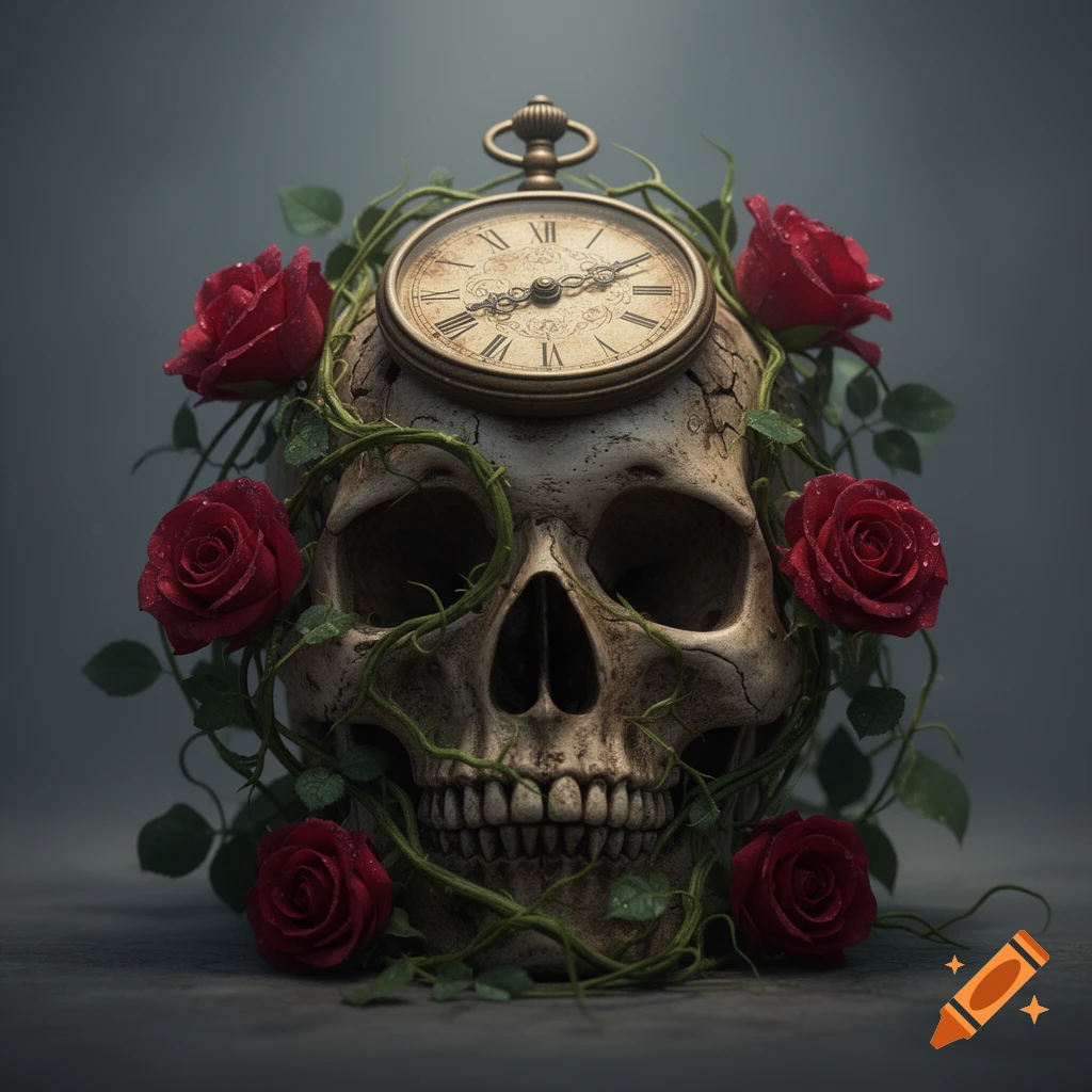 A detailed skull with green vines, red roses, and an antique pocket watch embedded on its forehead.
