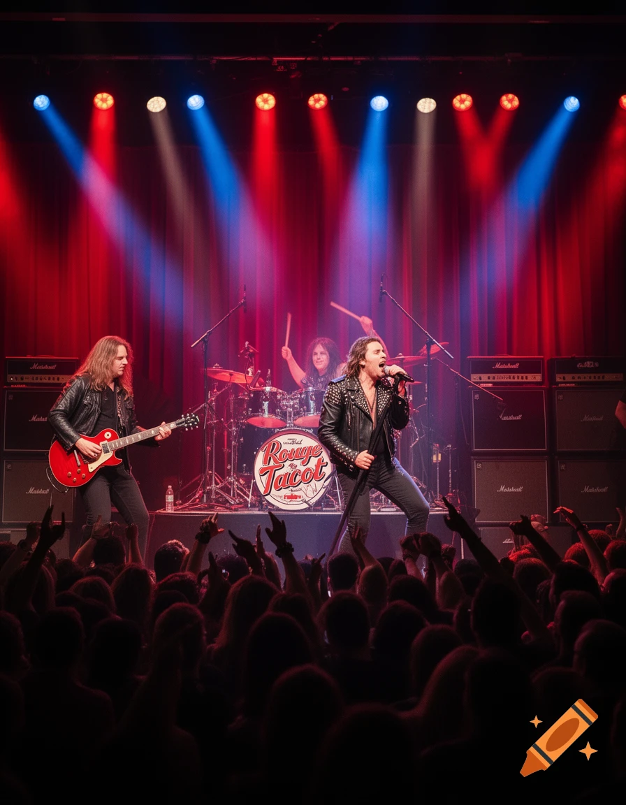 A rock band, 'The Rouge Tacot', performs on stage under red and blue spotlights to a cheering crowd in a photorealistic style.