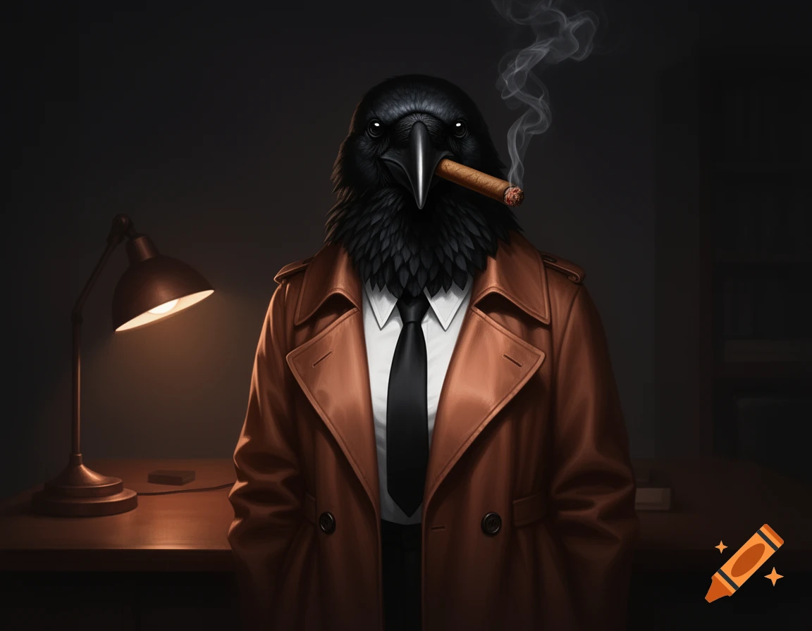 A anthropomorphic crow in a brown trench coat and tie smokes a cigar in a dimly lit office.