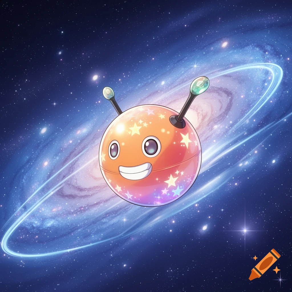 A cute, smiling orange round alien character with antennae and colorful stars floating in a blue starry galaxy.