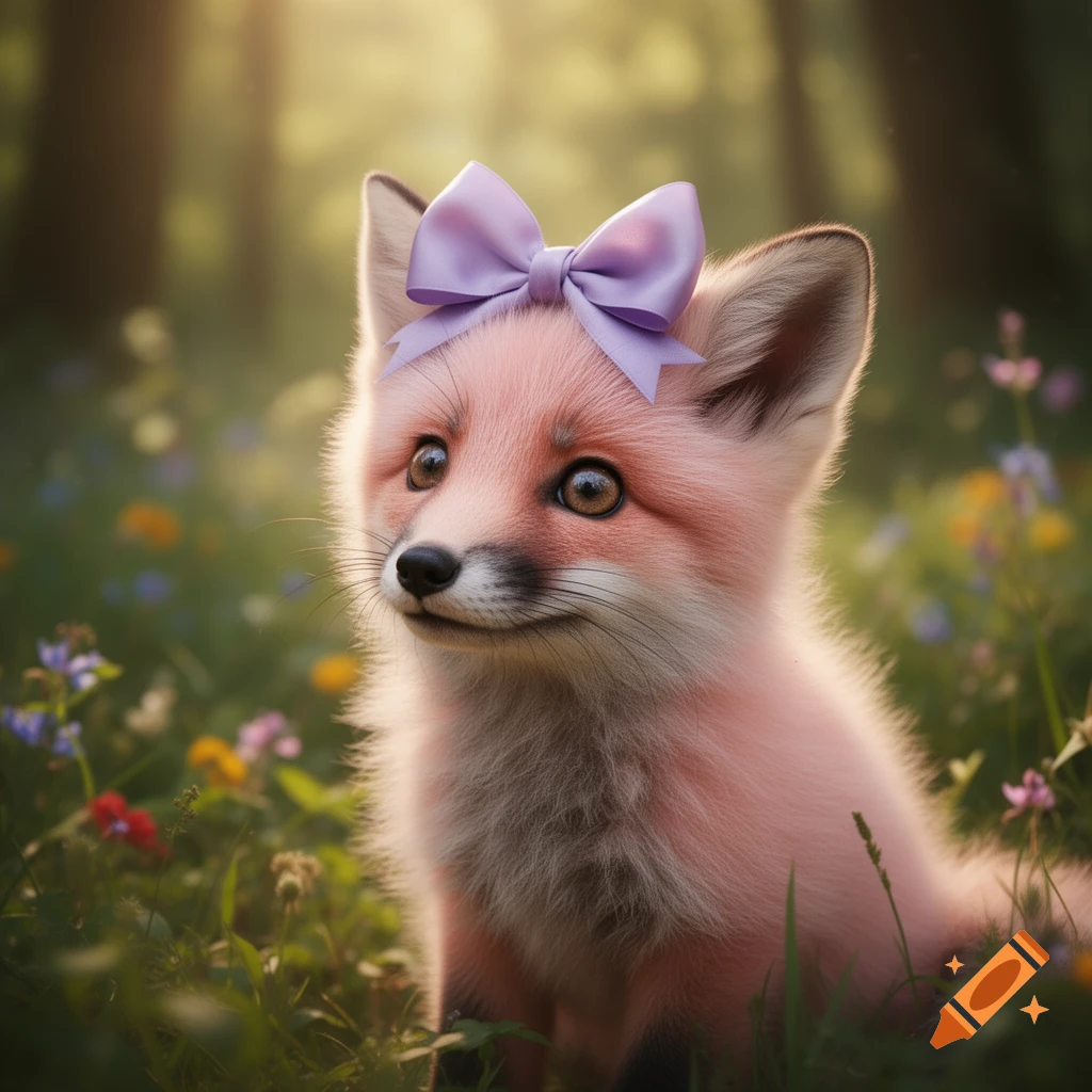 A cute pink fox wearing a purple bow sits in a field of wildflowers with a blurry forest background at sunset.