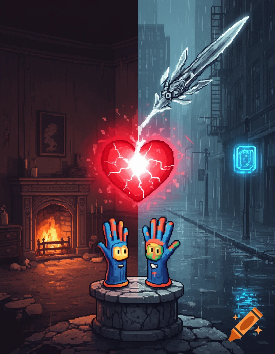 A pixel art image split vertically. Left: a warm room with a fireplace. Right: a dark, rainy city street. A glowing, cracked red heart is centered, pierced by a mechanical sword, with two cartoon gloves on a stone pedestal below.