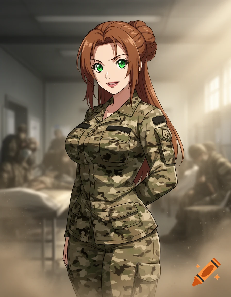 An anime woman with green eyes and brown hair in a bun wears a camouflage military uniform, standing indoors with a blurry background of other uniformed figures.