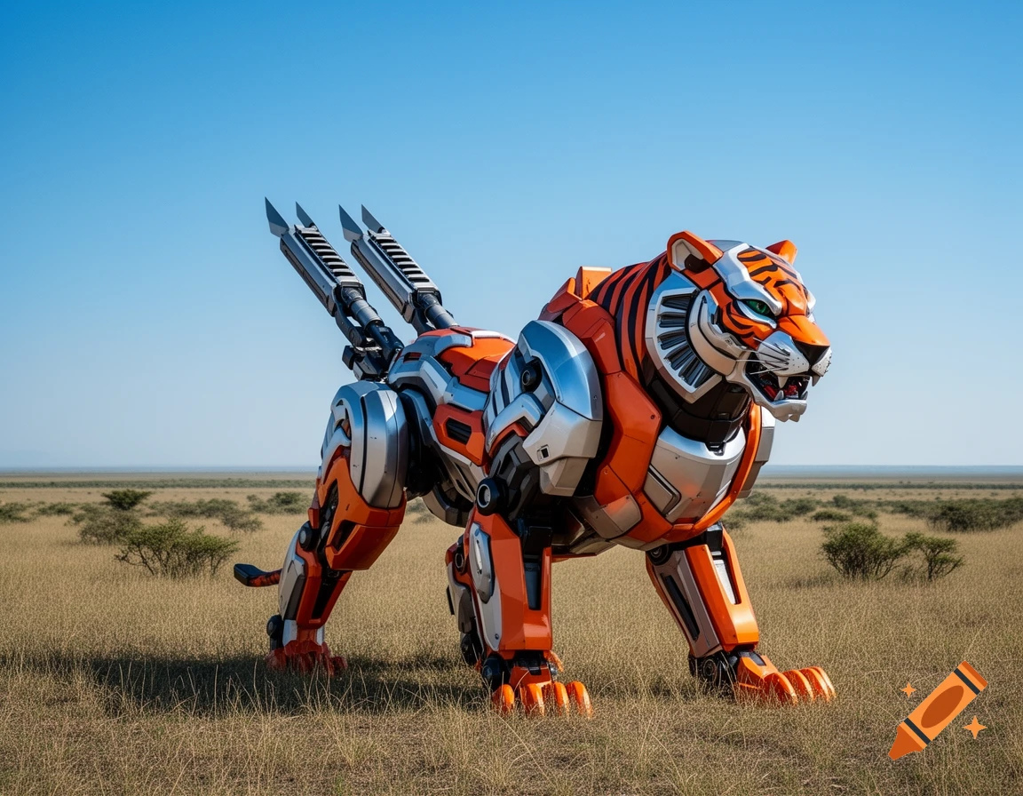 An orange and silver robotic tiger with mechanical parts and weapons on its back stands in a dry, grassy savanna under a clear blue sky.