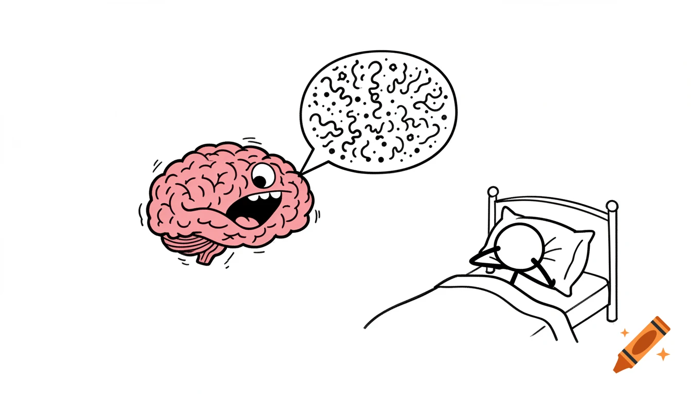 Hand-drawn doodle cartoon of a chattering brain keeping a stick figure in bed awake, pillow over head.