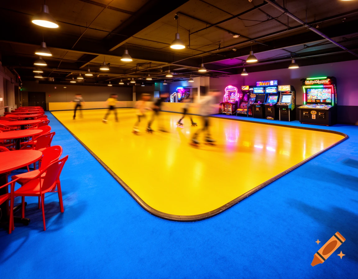 A vibrant L-shaped roller skating rink with a yellow floor and blue carpet. Red tables sit left, arcade games right. Skaters in motion.