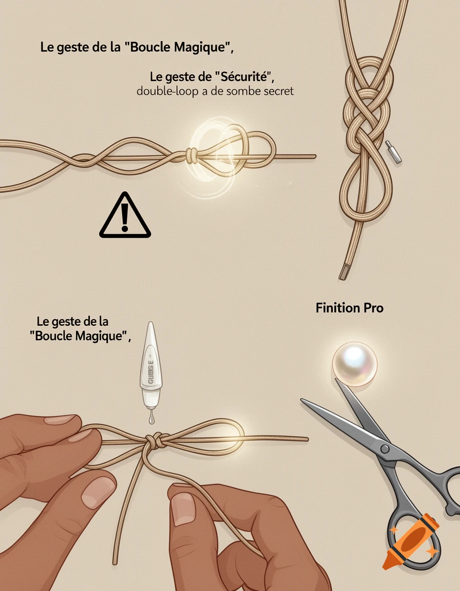 An illustration showing a step-by-step guide on tying a knot, possibly for jewelry, with hands, string, glue, and scissors.