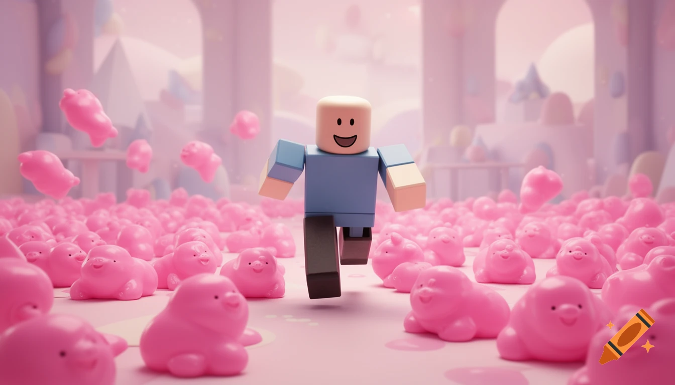 A smiling Roblox character in a blue shirt runs amidst a floor of many pink, smiling squishy creatures in a pastel pink dreamscape.
