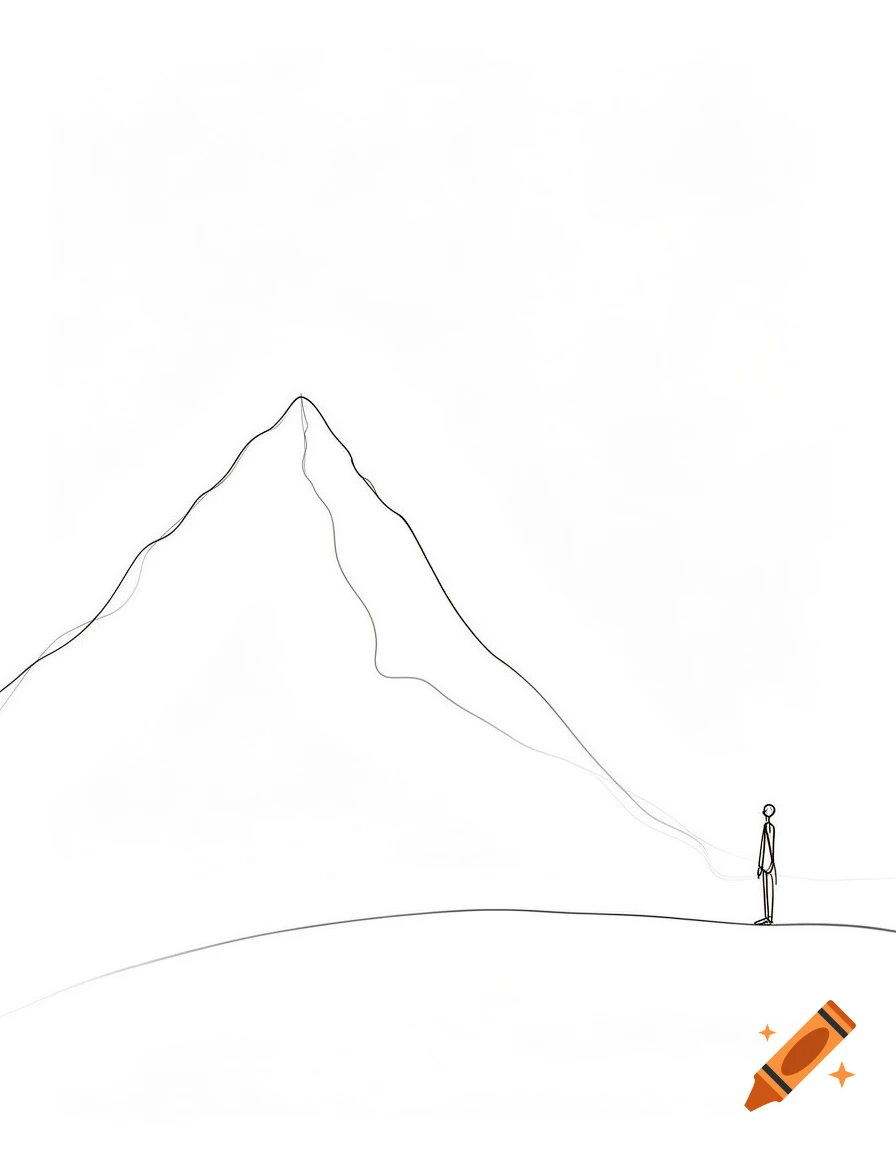 Minimalist line drawing of a mountain and a stick figure person on the right, connected by a faint line.