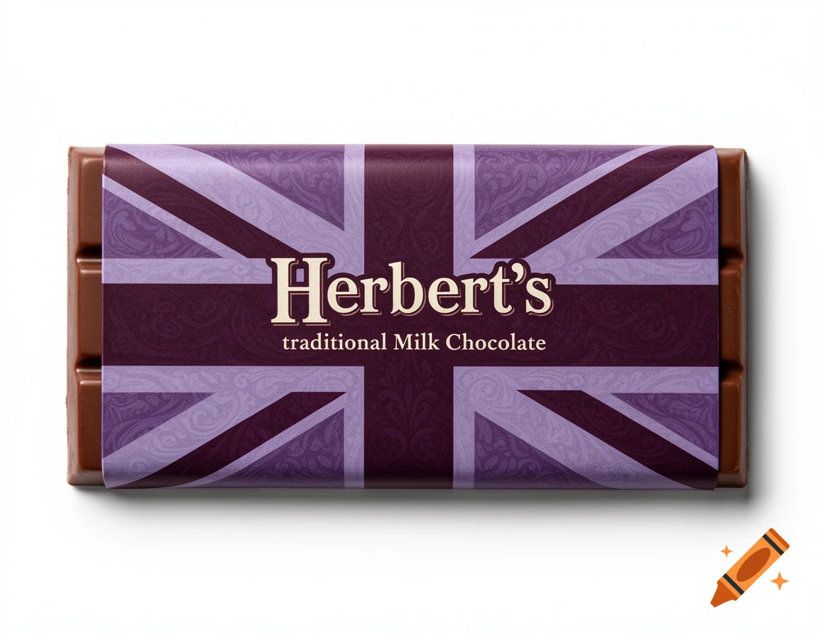 A premium milk chocolate bar with a purple Union Jack flag wrapper, labeled "Herbert's traditional Milk Chocolate", studio shot.