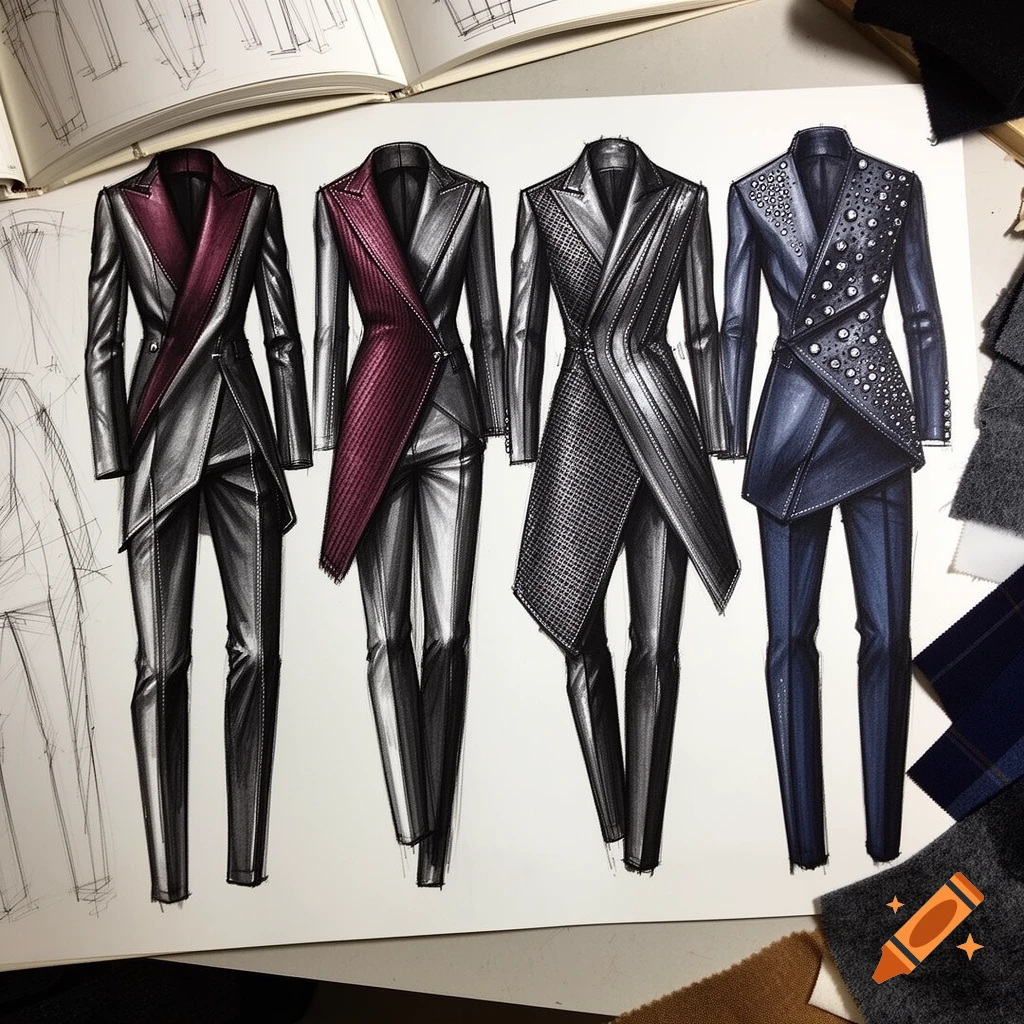 Four detailed fashion sketches of men's asymmetrical suits in black, red, and blue, with an open sketchbook and fabric swatches.
