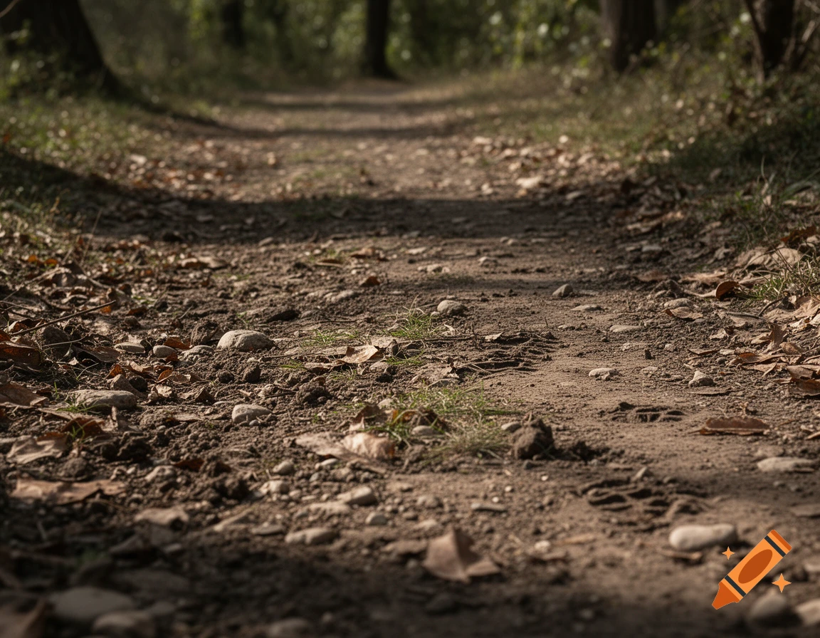 Close-up, low-angle view of a dirt path covered with dry leaves and small stones, leading into a blurred forest.