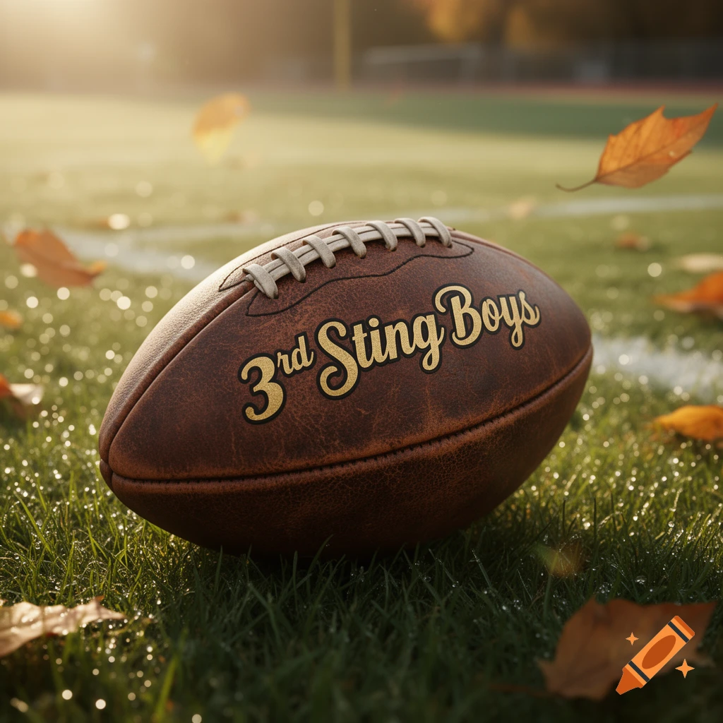 A brown football with "3rd Sting Boys" text rests on a dew-covered green grass field with fallen autumn leaves in warm sunlight.