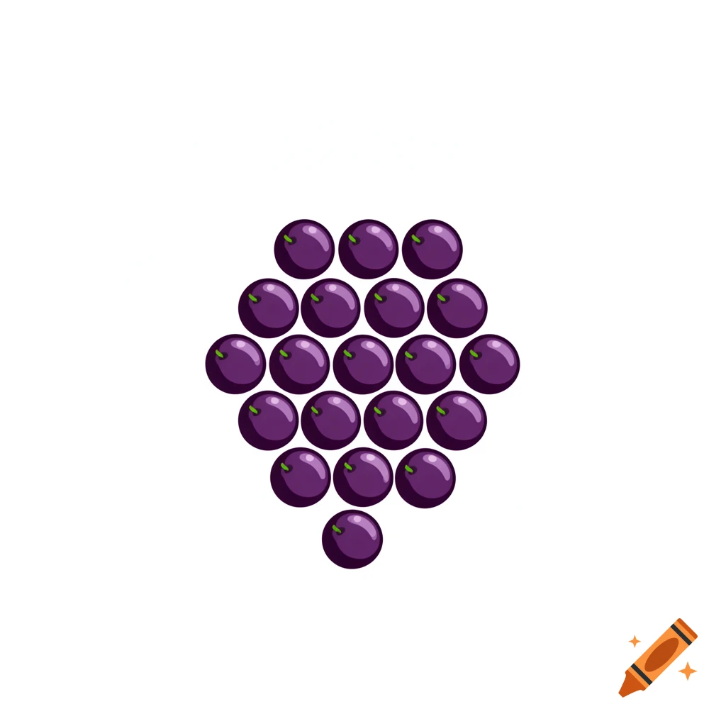 A stylized cluster of nineteen individual purple grapes with tiny green stems, arranged geometrically on a white background, in an app UI style.