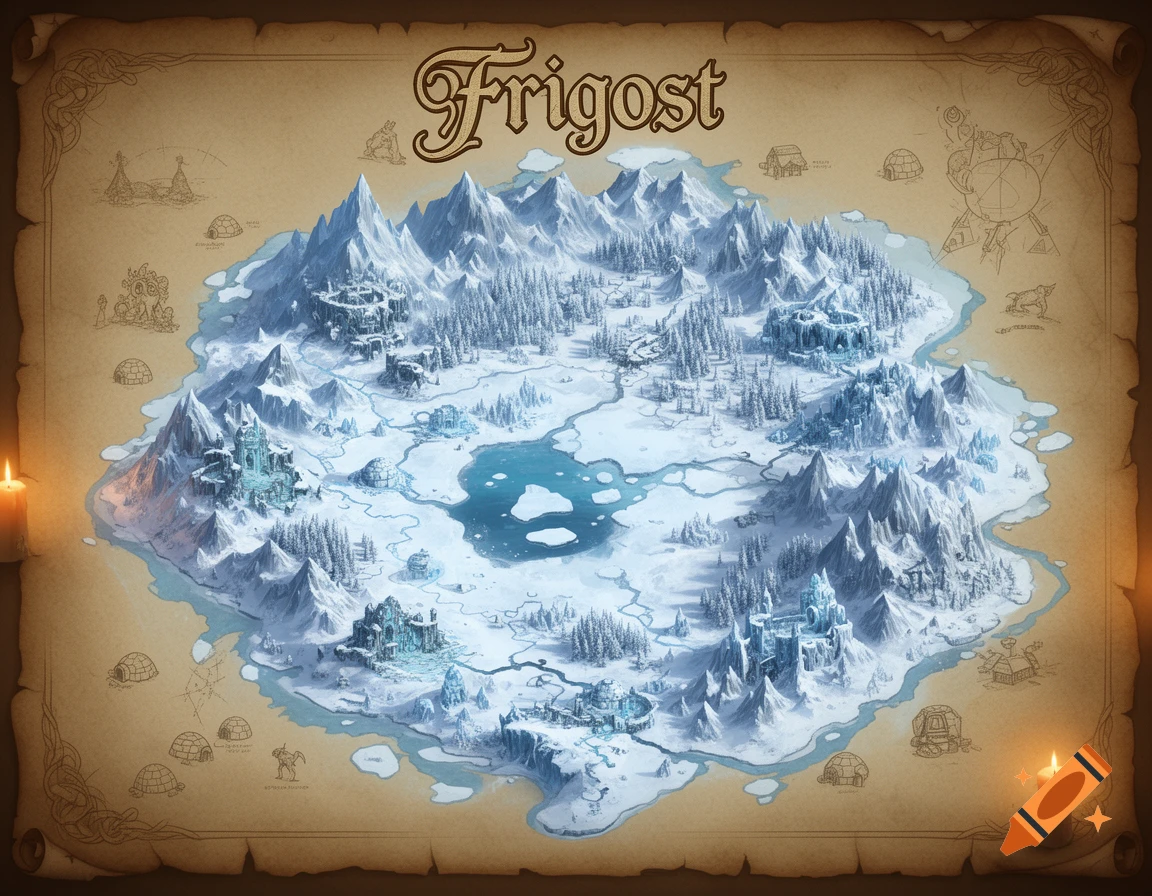 Detailed fantasy map of the icy, mountainous land of Frigost on aged parchment, illuminated by candles.