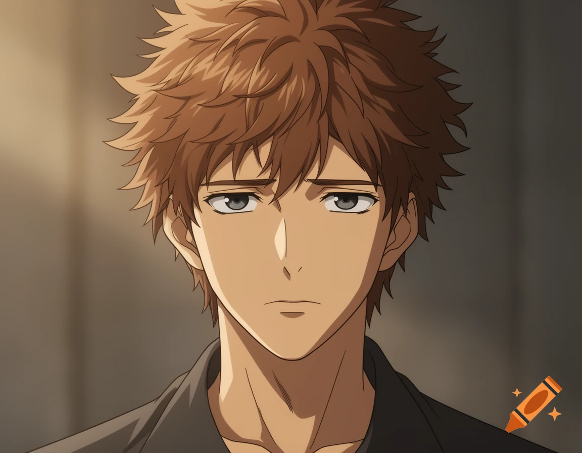 A young anime man with spiky brown hair, tan skin, and grey eyes, wearing a dark shirt and a somber expression.