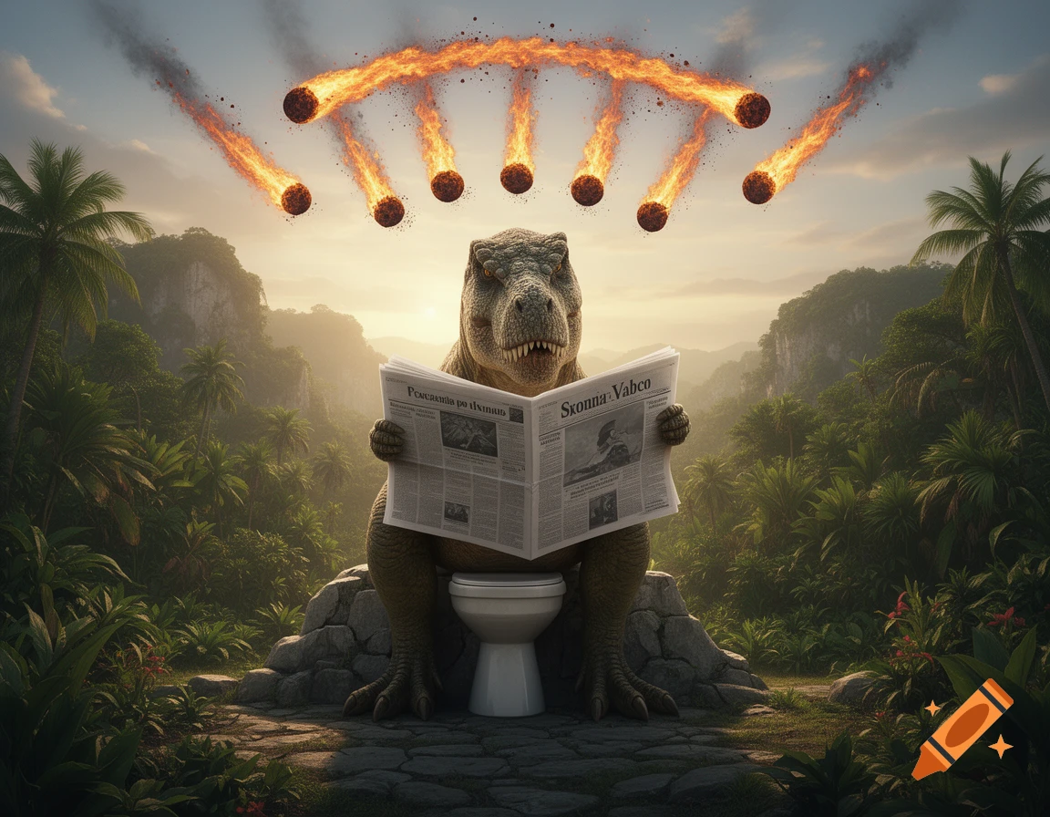 A T-Rex sits on a toilet in a lush jungle, reading a newspaper as fiery meteors fall from the sky.