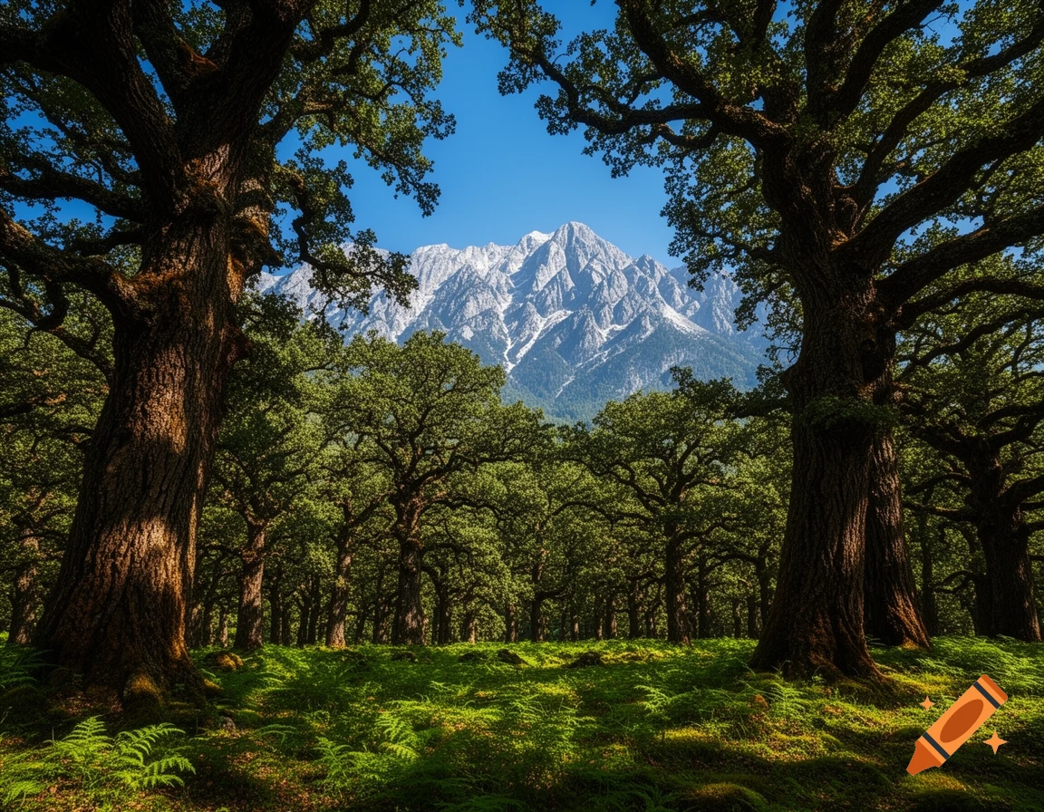 Photorealistic image of a majestic snow-capped mountain range framed by dark oak trees and a vibrant green forest.