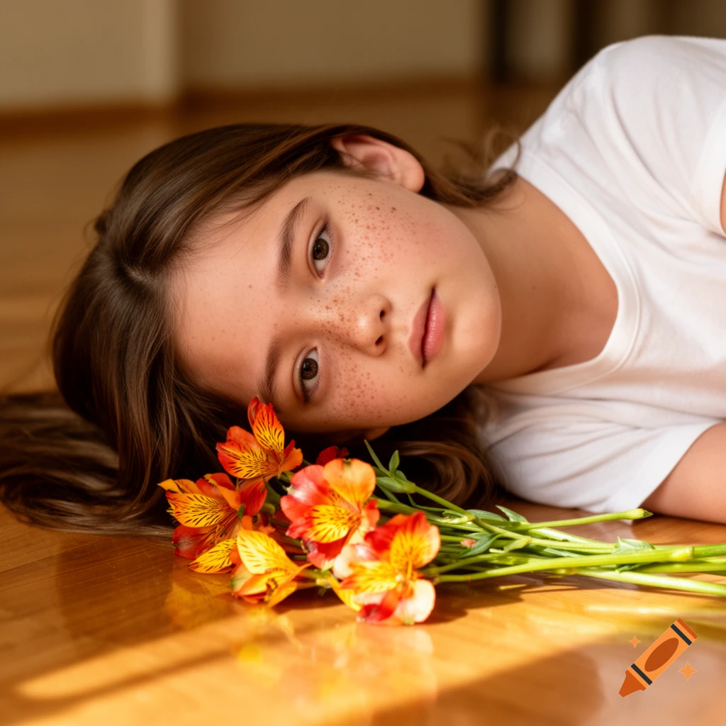 A young girl with freckles lies on a wooden floor, looking up, with a bouquet of orange and yellow flowers beside her head.