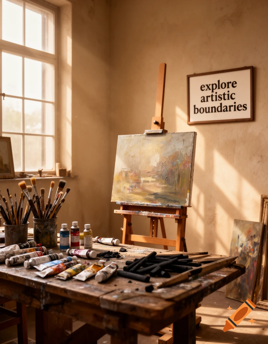 A sunlit art studio with a landscape painting on an easel, a table full of paint tubes, brushes, and charcoal, and a framed 'explore artistic boundaries' quote.