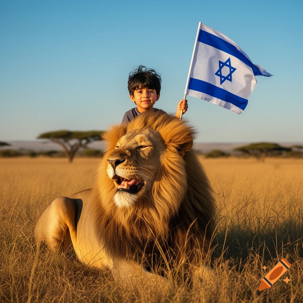 A child sits on a lion in a grassy savanna, holding the Israeli flag, in a photorealistic style.