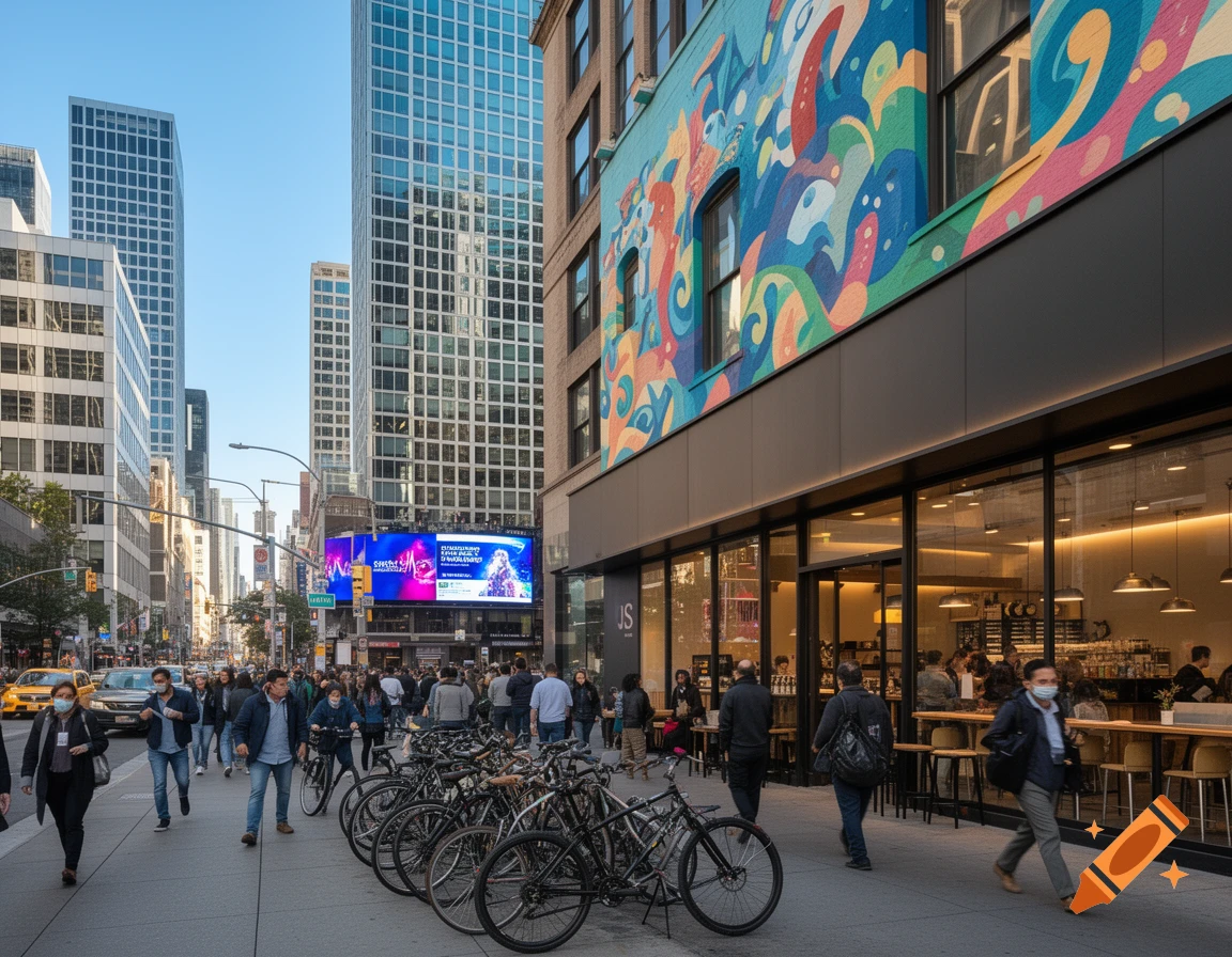 A busy city street scene with tall buildings, pedestrians, parked bicycles, a colorful mural, and a storefront.