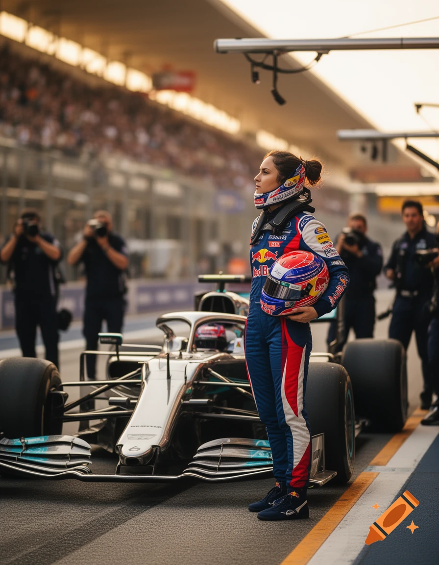 Photorealistic image of a female racing driver in a blue suit, holding a helmet, standing by a silver Formula 1 car on a pit lane.