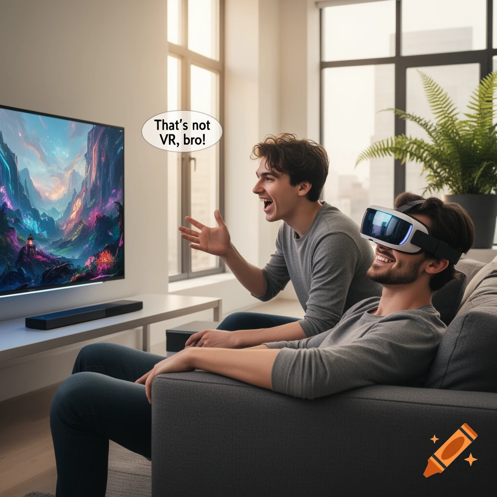 Two friends in a living room, one wearing a VR headset, the other gesturing at a TV screen, with a speech bubble saying 'That's not VR, bro!'. Photorealistic style.