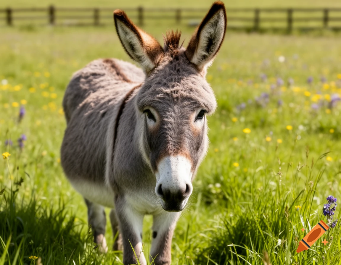 A photorealistic donkey with gray fur and a white muzzle stands in a vibrant green field with yellow and purple wildflowers.