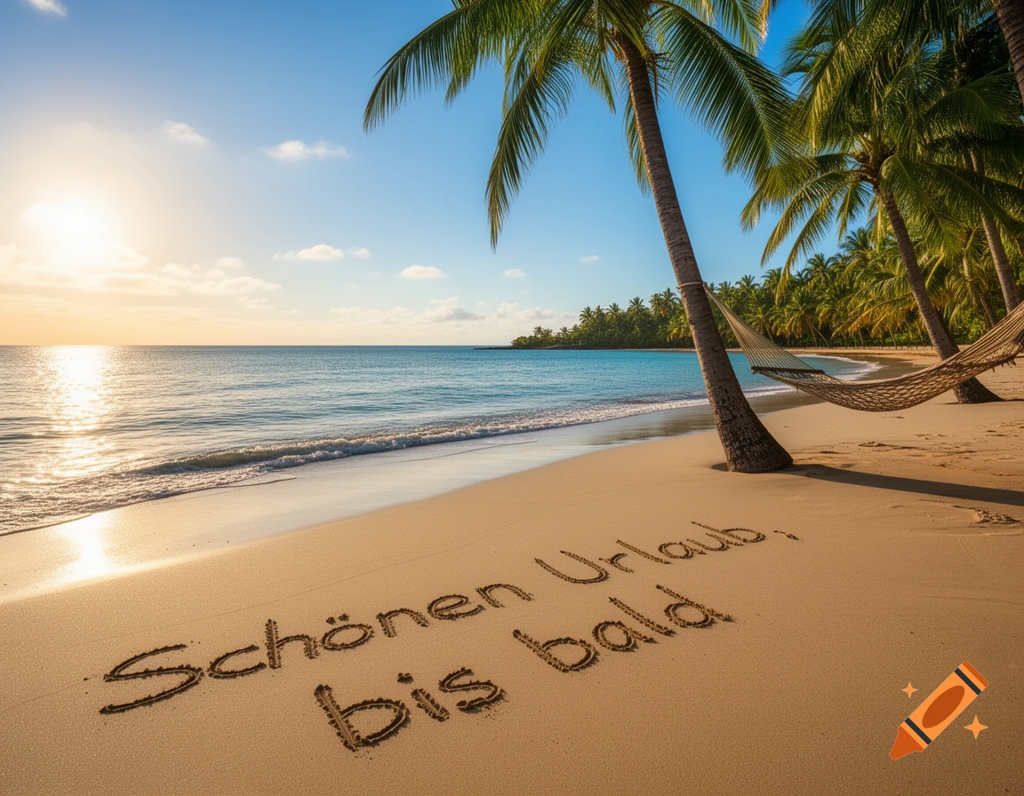 A beautiful tropical beach at sunset with palm trees, ocean waves, and the message 'Schönen Urlaub, bis bald' written in the sand.