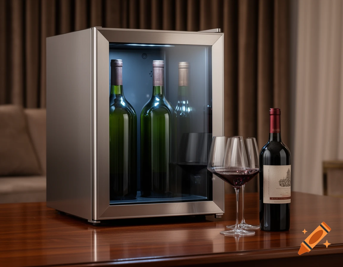 A modern stainless steel wine cooler with green bottles inside, alongside two wine glasses and a red wine bottle on a wooden table.