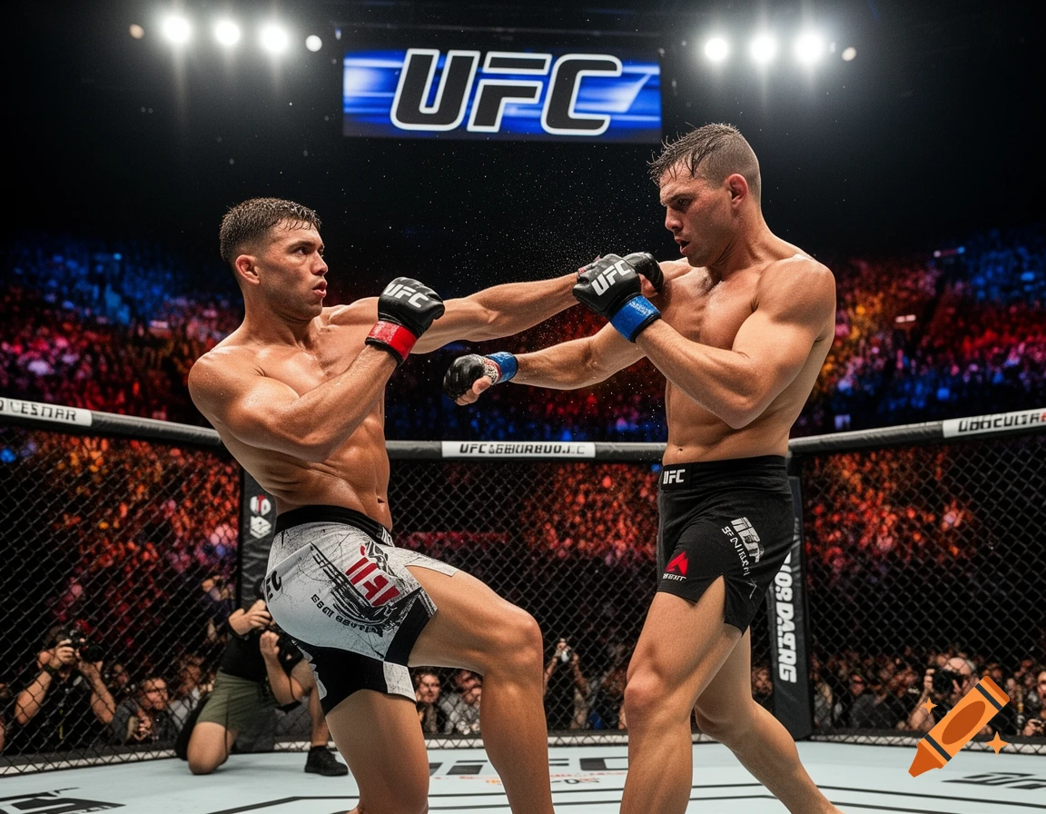 Two male MMA fighters punching each other in a UFC cage, surrounded by a cheering crowd under bright stadium lights.