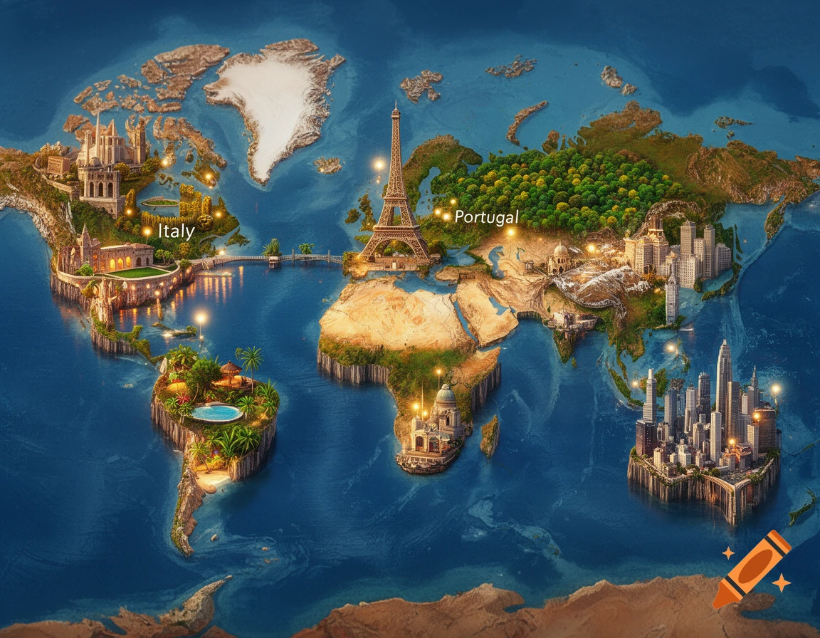 A whimsical 3D world map showing continents with famous landmarks and cities like the Eiffel Tower and a New York-style cityscape, all illuminated.