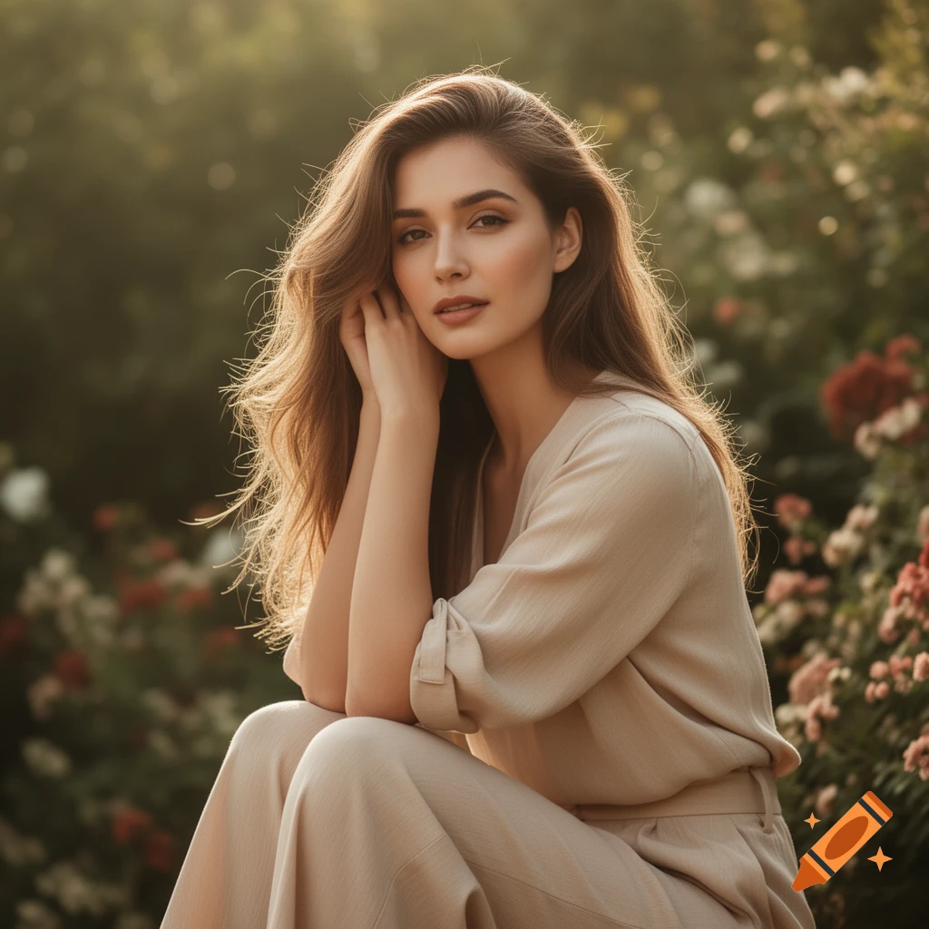 A young woman with long brown hair, wearing a light-colored outfit, sits outdoors in a lush, blurred garden, looking forward.